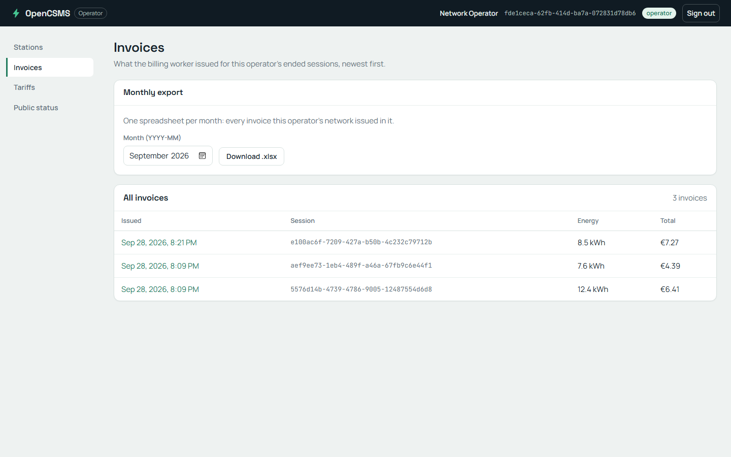 The invoices screen with the monthly export: a month picker and a download button.