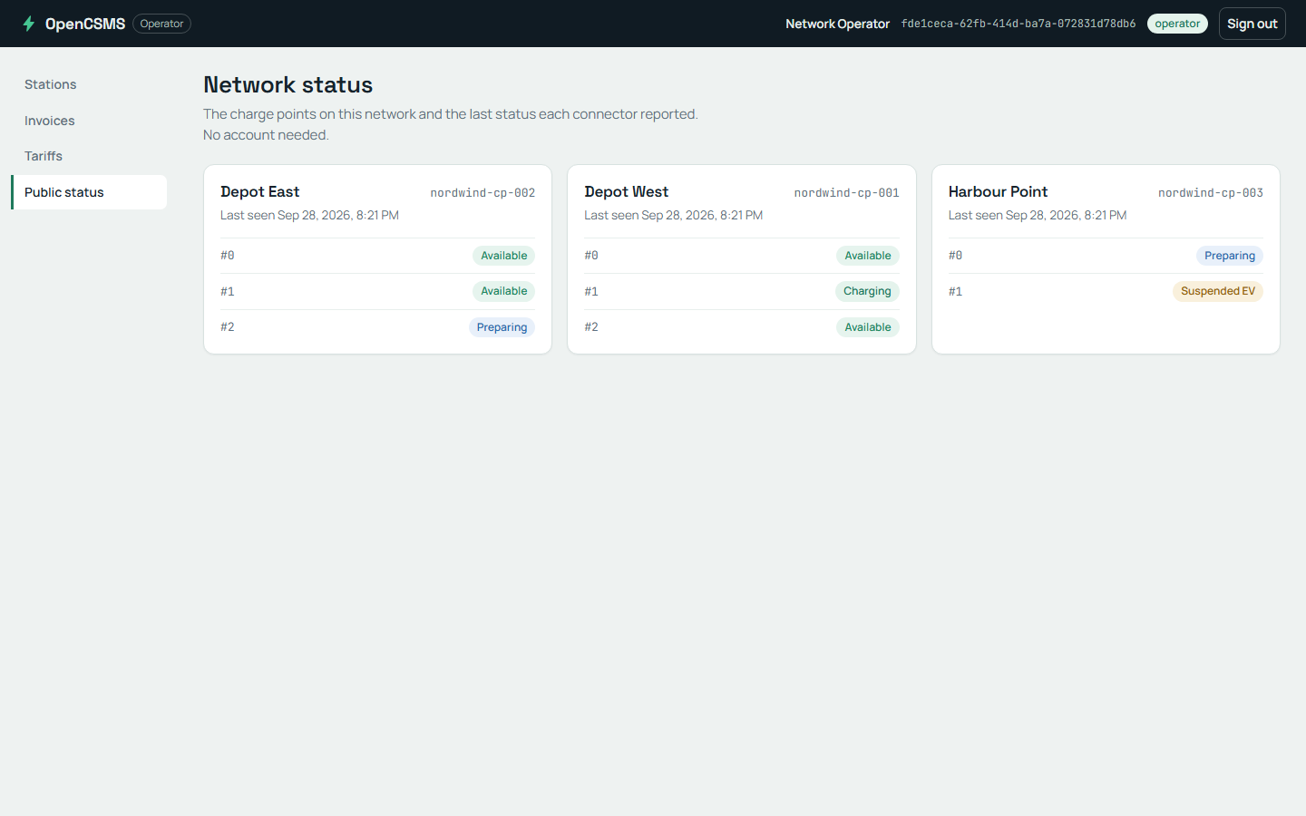 The OpenCSMS public status page: charge points with their connector states, no account needed.